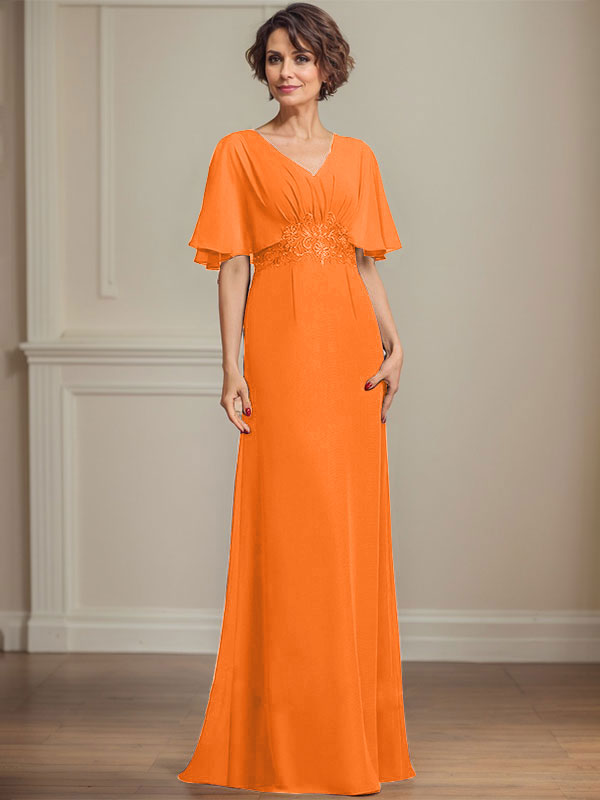 A-Linie V-Ausschnitt Bodenlanges Chiffonkleid für die Brautmutter mit plissierten Paillettenapplikationen Spitze