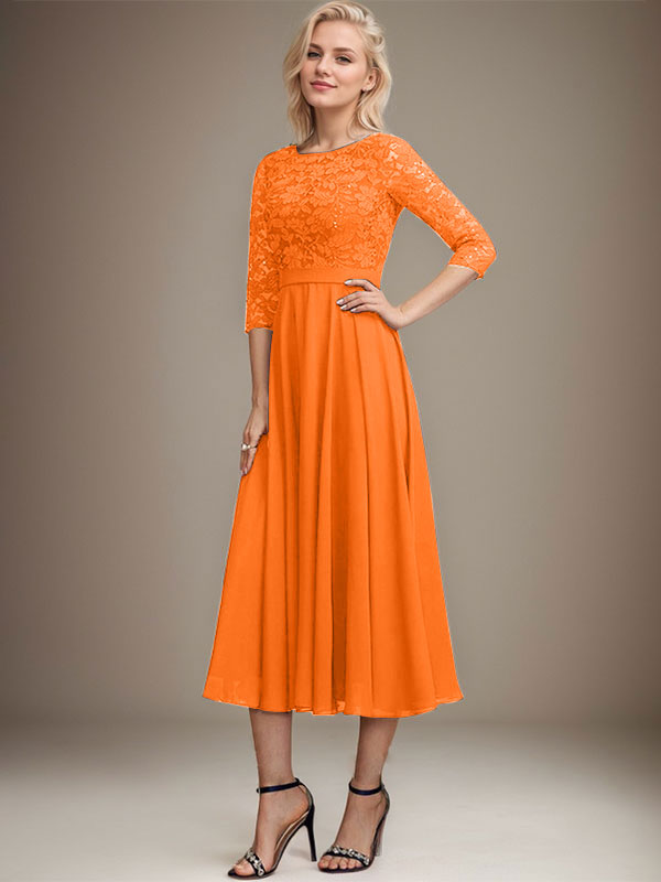 Vestido de gasa con encaje y lentejuelas para madre de la novia, corte A, escote redondo y largo hasta la rodilla