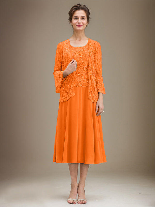 Vestido de gasa con encaje y lentejuelas para madre de la novia, corte A, escote redondo y largo hasta la rodilla