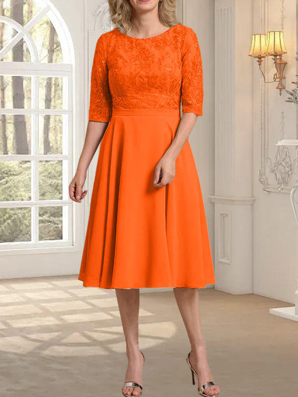 Vestido de gasa con encaje y escote redondo hasta la rodilla para madre de la novia