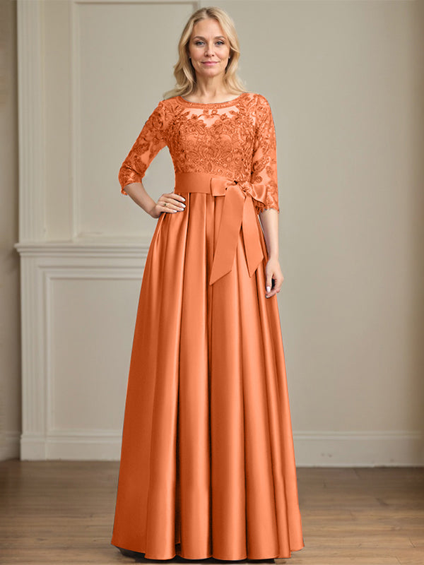 Vestido de madre de la novia de satén con encaje, corte A, escote ilusión, largo hasta el suelo, con lazo de lentejuelas