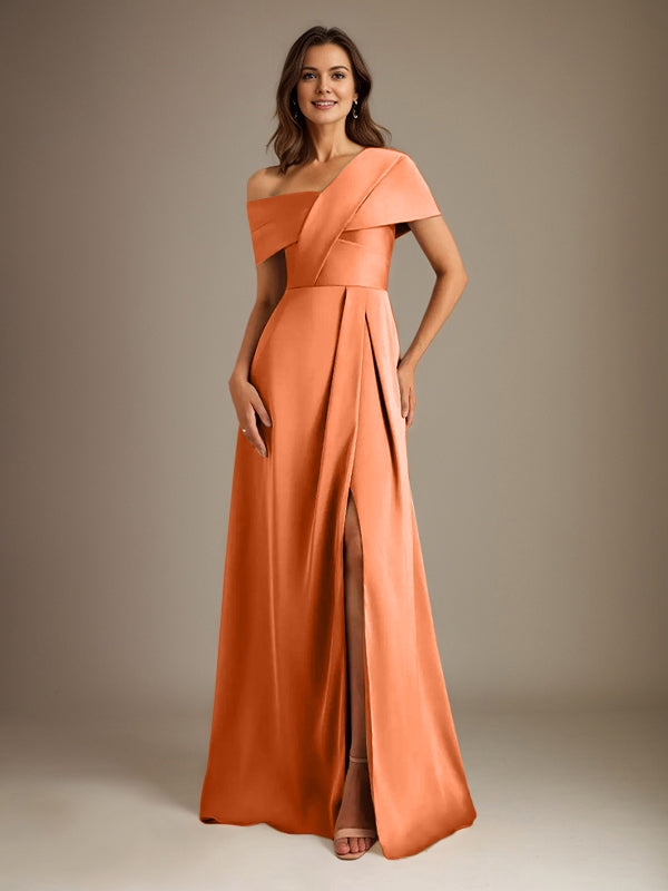 A-Line Asymmetrical Neckline Floor-Length Satin Mother of the Bride Dress With Pleated