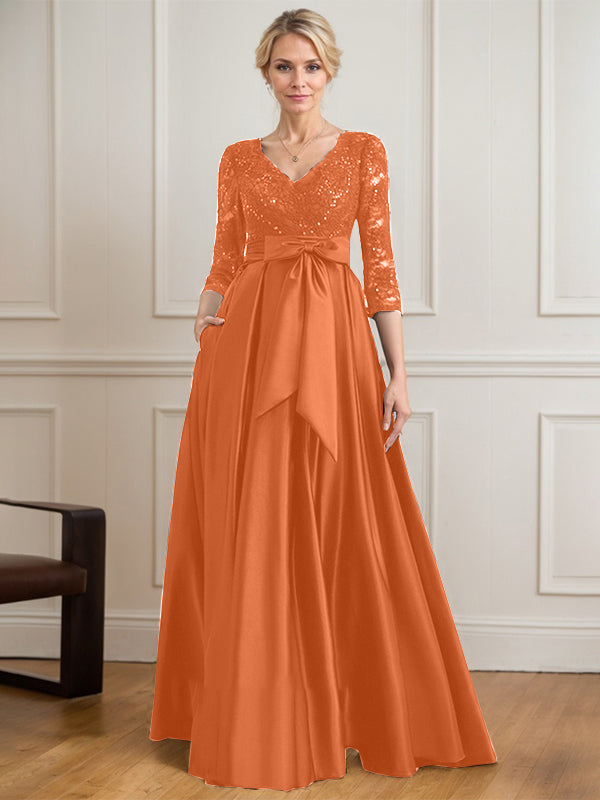 Vestido de madre de la novia de satén con encaje, escote en V y largo hasta el suelo con lazo de lentejuelas