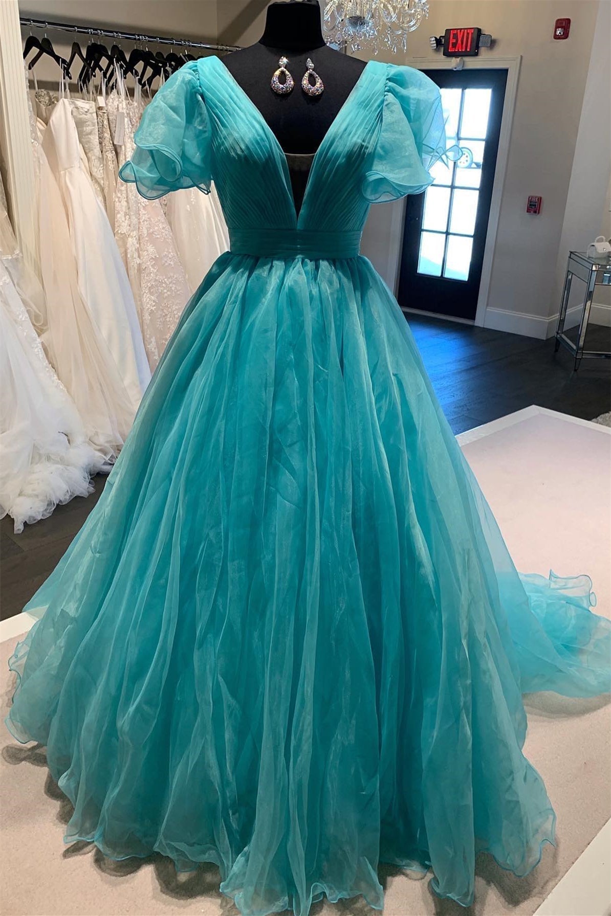 Orange Plunge V Ruffled Sleeve A-Line Long Formal Dress