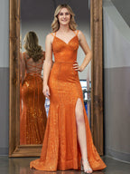 Emaree | Vestidos de fiesta largos con lentejuelas, escote en V y sirena brillante con abertura