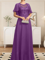 Vestido de gasa con encaje y lentejuelas para madre de la novia, corte A, escote ilusión, largo hasta el suelo