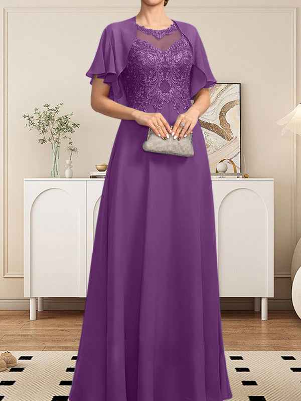 Vestido de gasa con encaje y lentejuelas para madre de la novia, corte A, escote ilusión, largo hasta el suelo