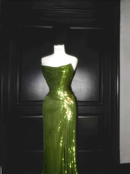 Unique Strapless Green Sequin Prom Dress Long Mermaid Evening Dress Y8659