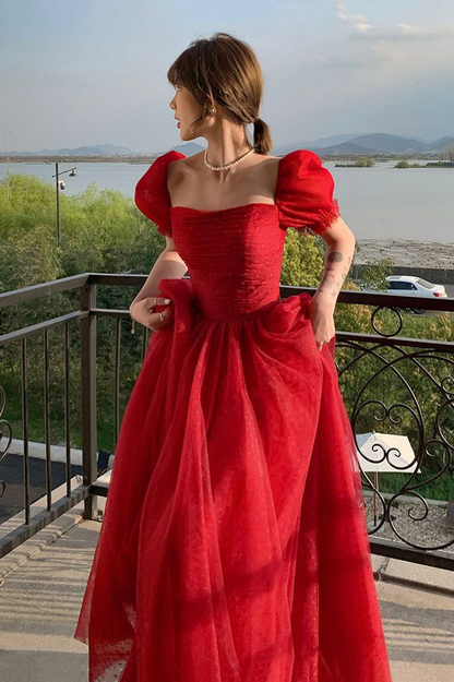 Hübsches rotes Tüll-A-Linien-Ballkleid, langes Abendkleid Y7771