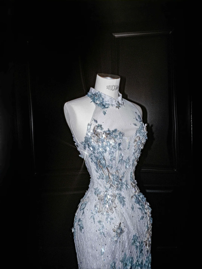 Traumblaues Tüll-Pailletten-Applikationen-Meerjungfrau-Abendkleid, langes Ballkleid Y8673