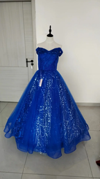 Hellblaues schulterfreies Tüll-Spitzen-Applikationen-Prinzessinnen-Kleid mit Glitzer-Ballkleid Y8129