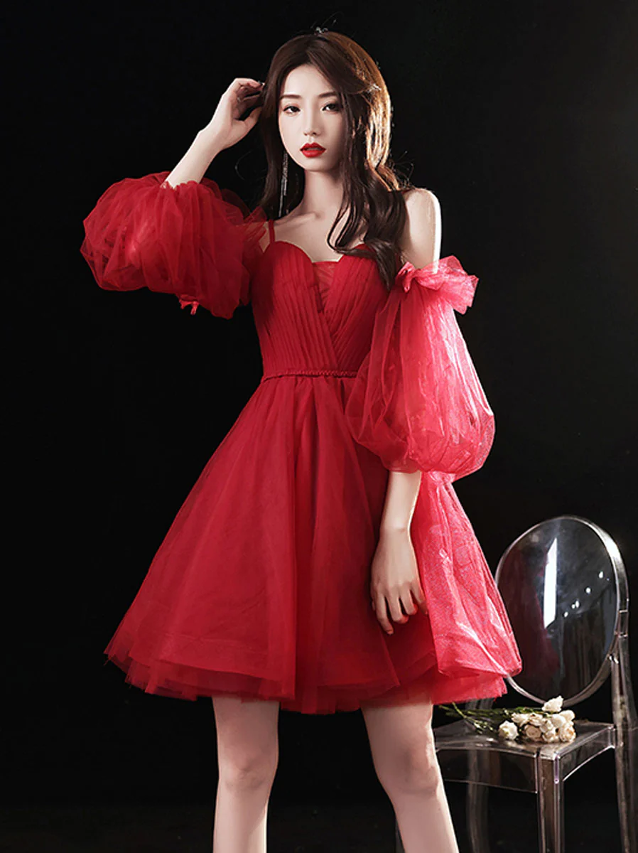 Vestido de fiesta corto de tul con escote corazón color burdeos, vestido de fiesta color burdeos Y2889
