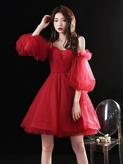 Vestido de fiesta corto de tul con escote corazón color burdeos, vestido de fiesta color burdeos Y2889