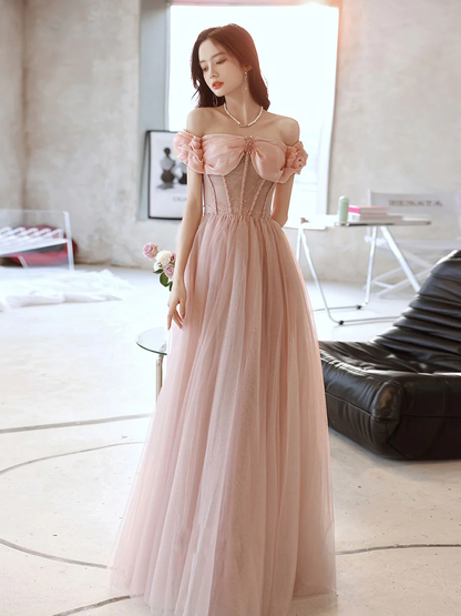 Rosa Herzausschnitt Tüll Perlen Langes Ballkleid, Rosa Abendkleid, Y2406