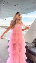 Elegante vestido de fiesta largo en capas de tul rosa, vestido de noche rosa Y2303