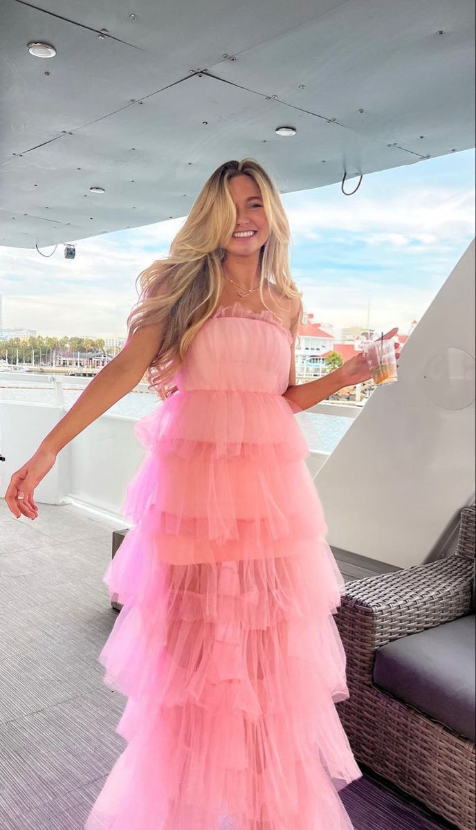 Elegante vestido de fiesta largo en capas de tul rosa, vestido de noche rosa Y2303