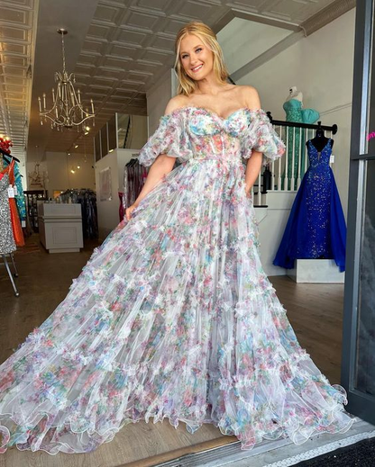 Elegantes schulterfreies langes Ballkleid mit Blumenmuster aus Tüll Y5889