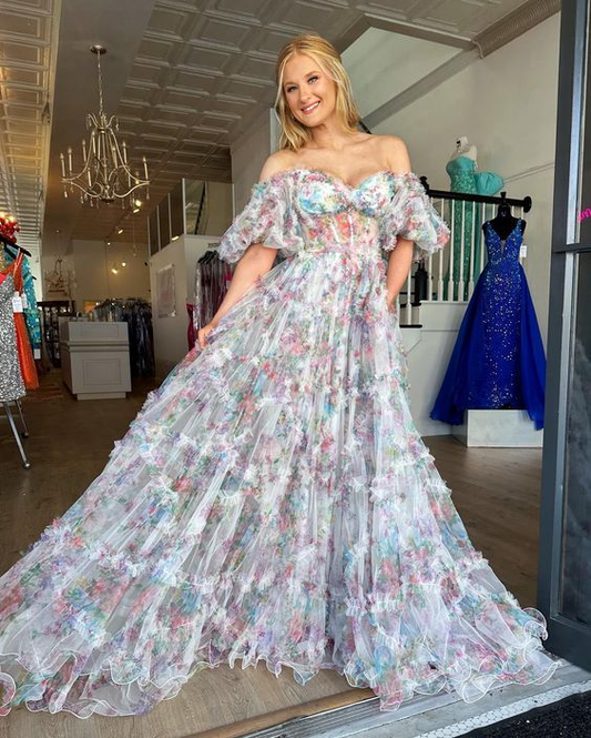 Elegantes schulterfreies langes Ballkleid mit Blumenmuster aus Tüll Y5889