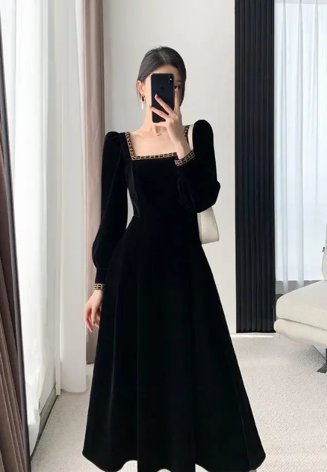 Samtkleid Damen Langarm Square Neck Elegant Bodycon Patchwork Mode Abendkleid Y6744