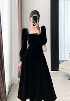 Samtkleid Damen Langarm Square Neck Elegant Bodycon Patchwork Mode Abendkleid Y6744