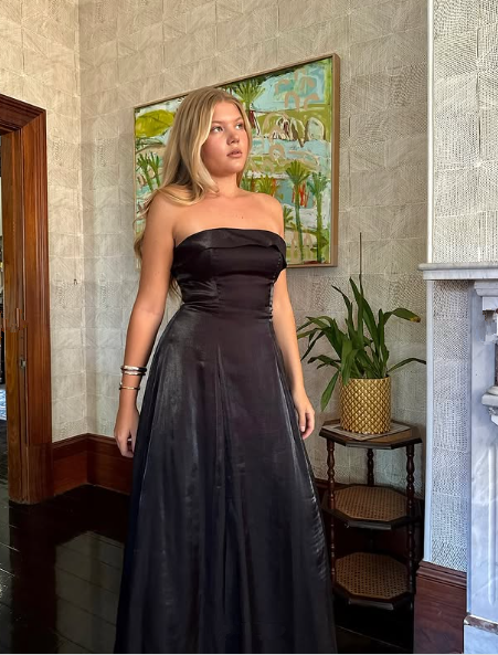 Schlichtes schwarzes trägerloses A-Linien-Abendkleid, langes Ballkleid Y8303