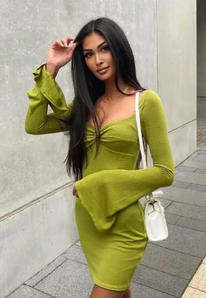 Vestido de fiesta de otoño para mujer, con mangas acampanadas, cuello cuadrado, sexy, de corte bajo y ajustado, Y2967