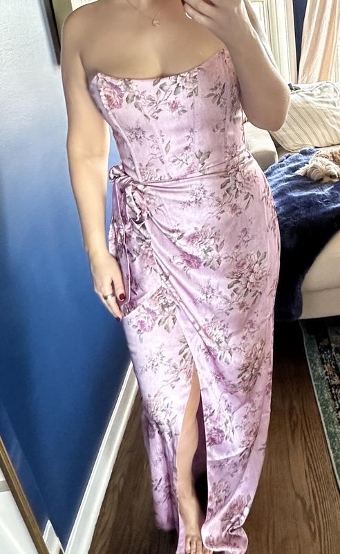 Fuchsia bedrucktes Korsett-Ballkleid aus Satin mit Schlitz vorne und formellem Abendkleid Y8458