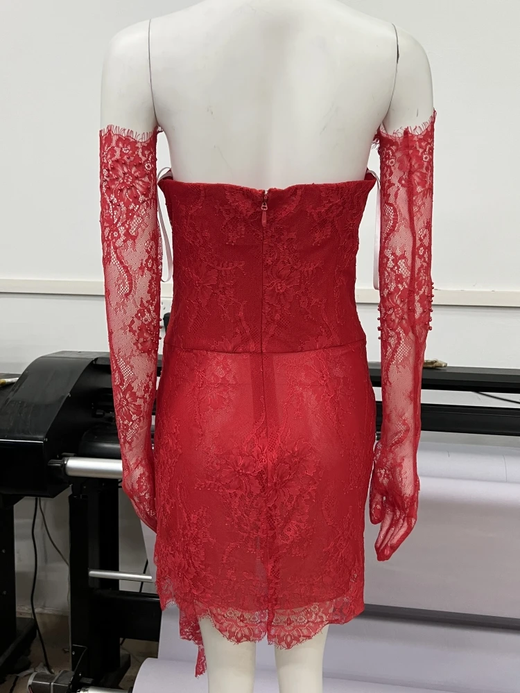 Vestido mini de encaje rojo para fiesta de bienvenida, vestido rojo de fiesta Y7387