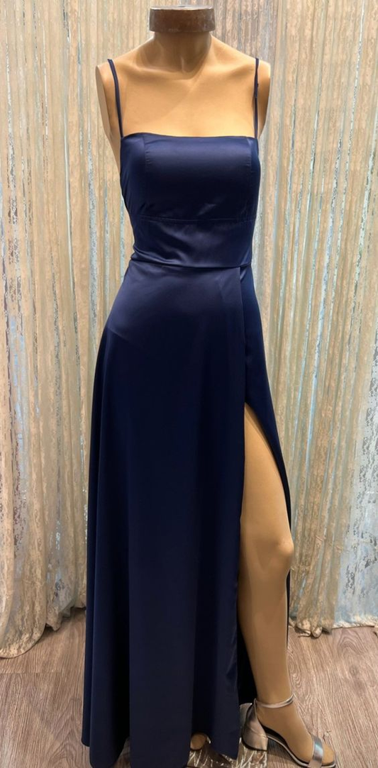 Classic A-line Navy Blue Prom Dress With Split Simple Evening Dress For Teens Y6772