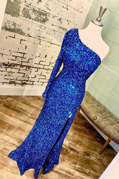 Langes Abendkleid mit One-Shoulder-Träger und langen Ärmeln in Tiffany-Blau mit Pailletten