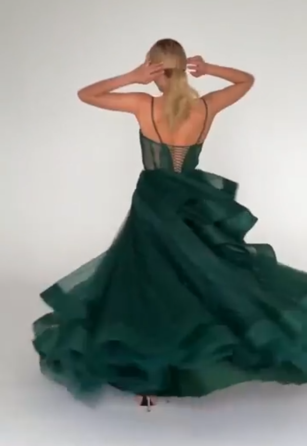 Vestido de noche verde brillante con corsé y corte en A Y6339