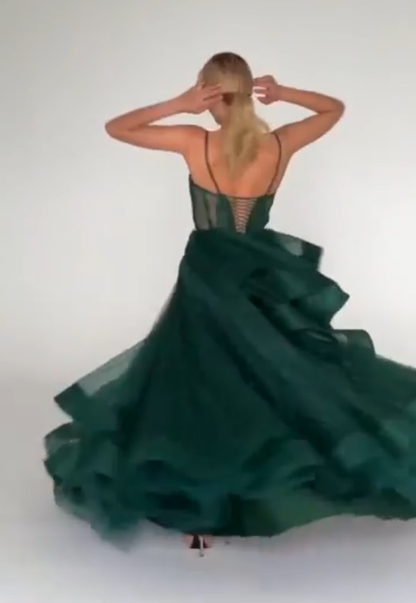 Vestido de noche verde brillante con corsé y corte en A Y6339