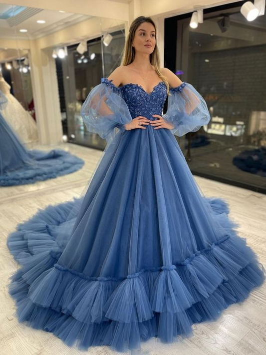 Sweetheart Neck Tulle Blue Prom Dress Puff Sleeves Long Blue Formal Evening Dress Y6172