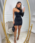 Lindos vestidos de fiesta cortos de una sola manga con lentejuelas negras Y2576