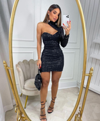 Lindos vestidos de fiesta cortos de una sola manga con lentejuelas negras Y2576