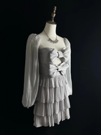 Vestido de fiesta corto en capas con lazo de tul gris plateado, corte A, vestido de regreso a casa Y8651