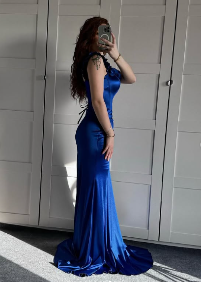 Blaues schulterfreies Meerjungfrau-Abendkleid, formelles Ballkleid Y7842