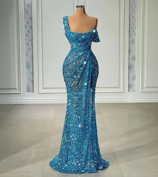 Vestido de noche largo azul sirena con un hombro brillante, vestido formal sexy Y6112