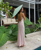 Vestido de noche largo rosa con tirantes finos y espalda descubierta, elegante, Y8293
