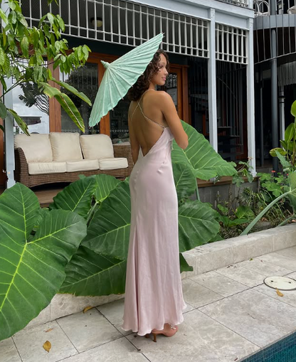 Elegantes Spaghettiträger Rosa Rückenfreies Abendkleid Langes Ballkleid Y8293