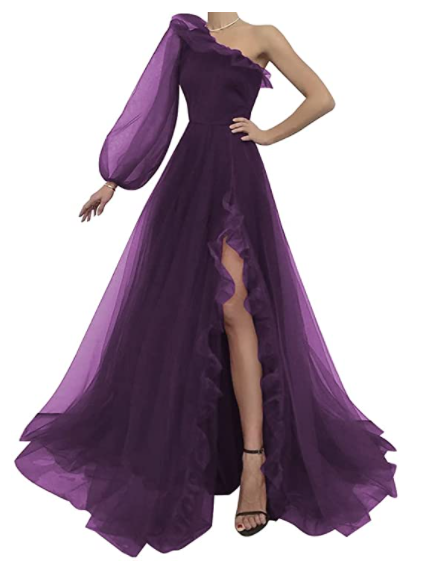 Vestido de fiesta de tul burdeos con un solo hombro S17925