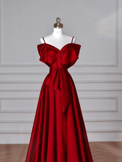 Vestido de fiesta de satén rojo con hombros descubiertos y lazo, corte en A, Y8626