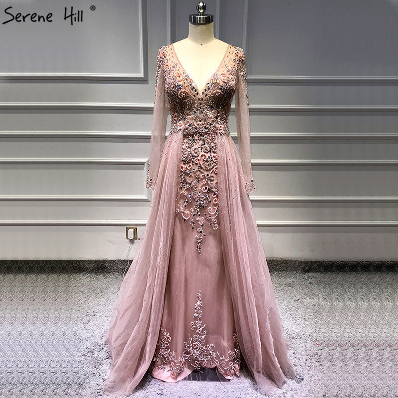 Muslim Long y V-Neck New Evening Dress 2025  A-Line Fashion Diamond Beading With Over Skirt  Evening Dress Real Photo LA6571