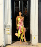 Vestido de noche largo de gasa con volantes, tirantes finos, cuentas y degradado rosa y verde, para fiesta y graduación, Y8495