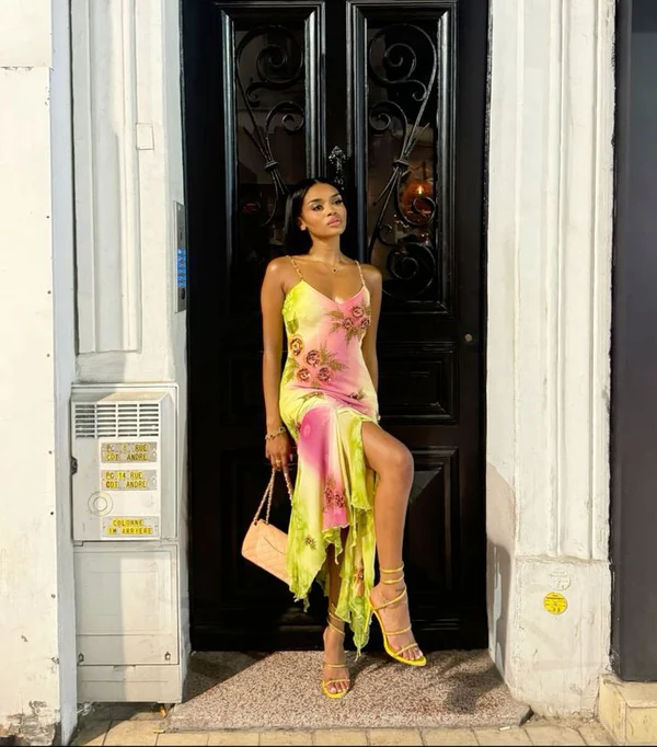Pink Green Gradient Beaded Spaghetti Strap Chiffon Long Ruffled Evening Dress Party Prom Dress  Y8495