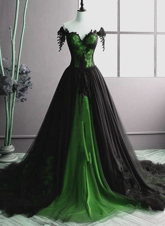 Unique Off The Shoulder Green A-line Sweetheart Tulle Long Party Dress Evening Dress Y7795