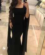 Elegante vestido de noche de sirena con escote cuadrado negro, vestido de gala negro Y5557