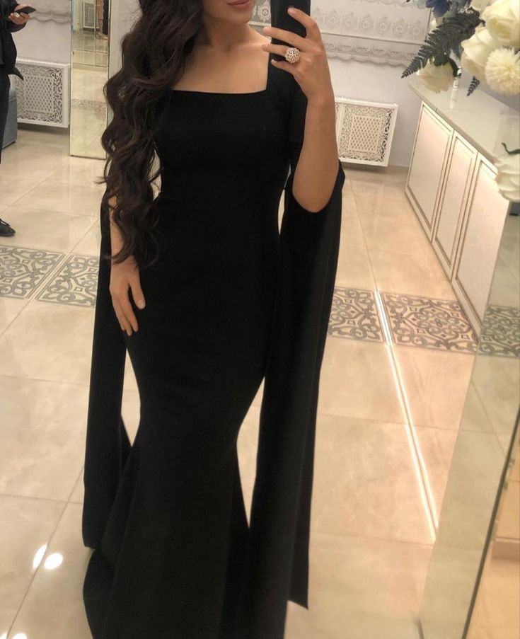 Elegante vestido de noche de sirena con escote cuadrado negro, vestido de gala negro Y5557