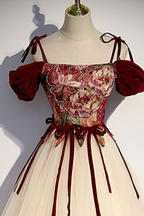 Champagner Tüll Spaghettiträger Langes Ballkleid A-Linie Party Ballkleid Y7952