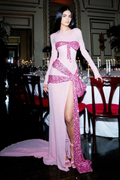 Wunderschönes rosa Chiffon-Pailletten-Abendkleid mit großer Schleife und Schlitz, langes Ballkleid Y8474